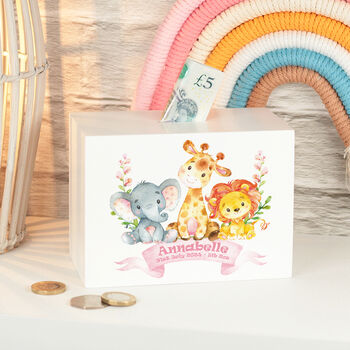 Personalised Jungle Animals Wooden Money Box, 2 of 5