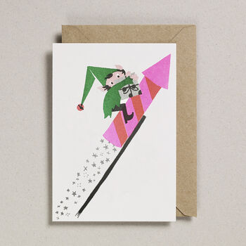 Risograph Christmas Card Elf With Tree, 5 of 6