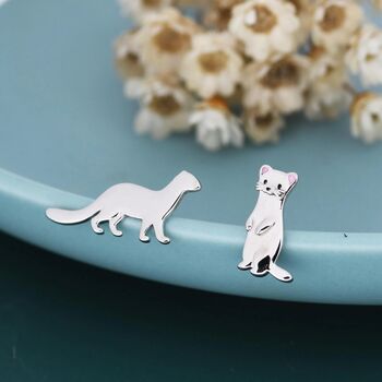 Mismatched Sterling Silver Cute Weasel Stud Earrings, Asymmetric Ferret Earrings, 3 of 11