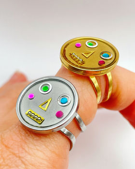 Statement Ring With Cute Robot Faces In Gold Or Silver, 3 of 10