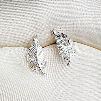 Sterling Silver Sparkly Feather Stud Earrings, 3 of 9