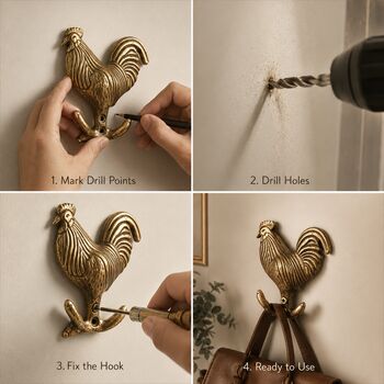 Vintage Brass Rooster Wall Hooks Set Of Two, 6 of 9