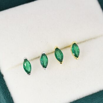 Sterling Silver Marquise Emerald Green Stud Earrings, 5 of 11