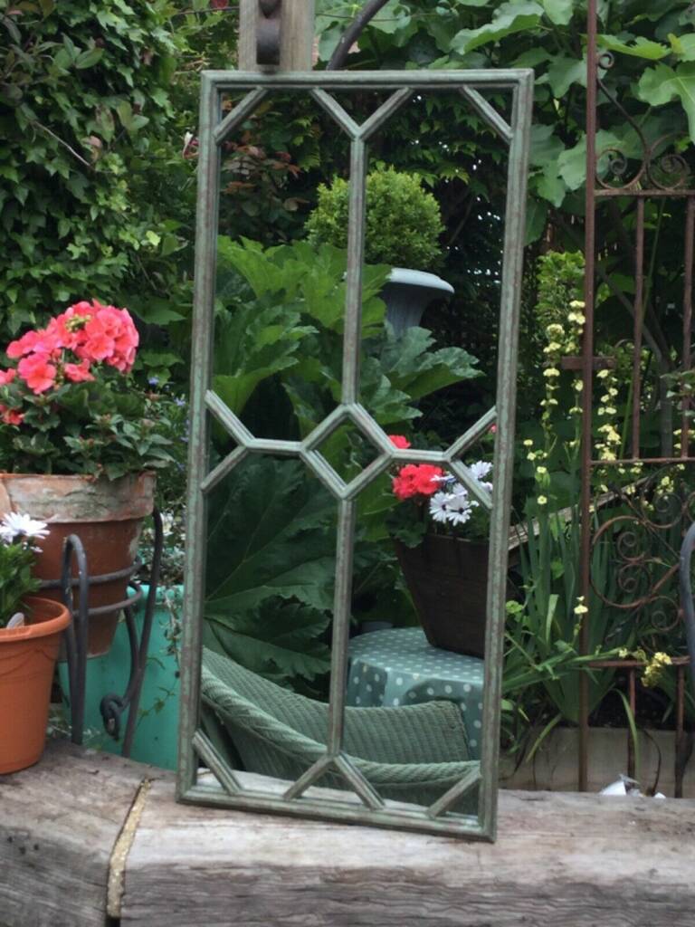 Verdigris Metal Garden Mirror By Air, Metal Garden Mirror With Pots
