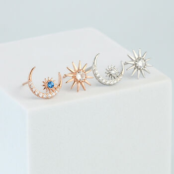 Sterling Silver Crystal Moon And Star Stud Earrings, 4 of 6