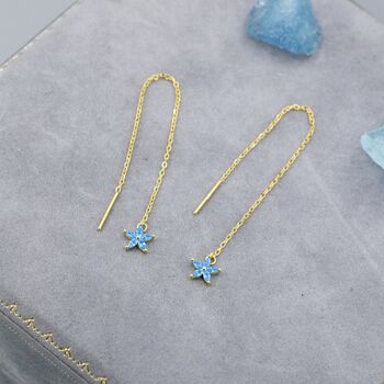 Aquamarine Blue Cz Flower Threader Earrings, 5 of 12
