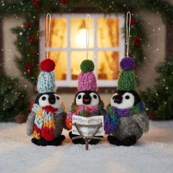 Handmade Felt Frosty Penguins Christmas Decorations Set Of Three, 5 of 5