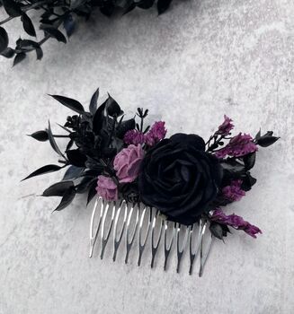 Black And Purple Gothic Wedding Flower Hair Comb, 3 of 5