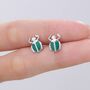 Sterling Silver Tiny Scarab Beetle Stud Earrings With Enamel, thumbnail 1 of 12