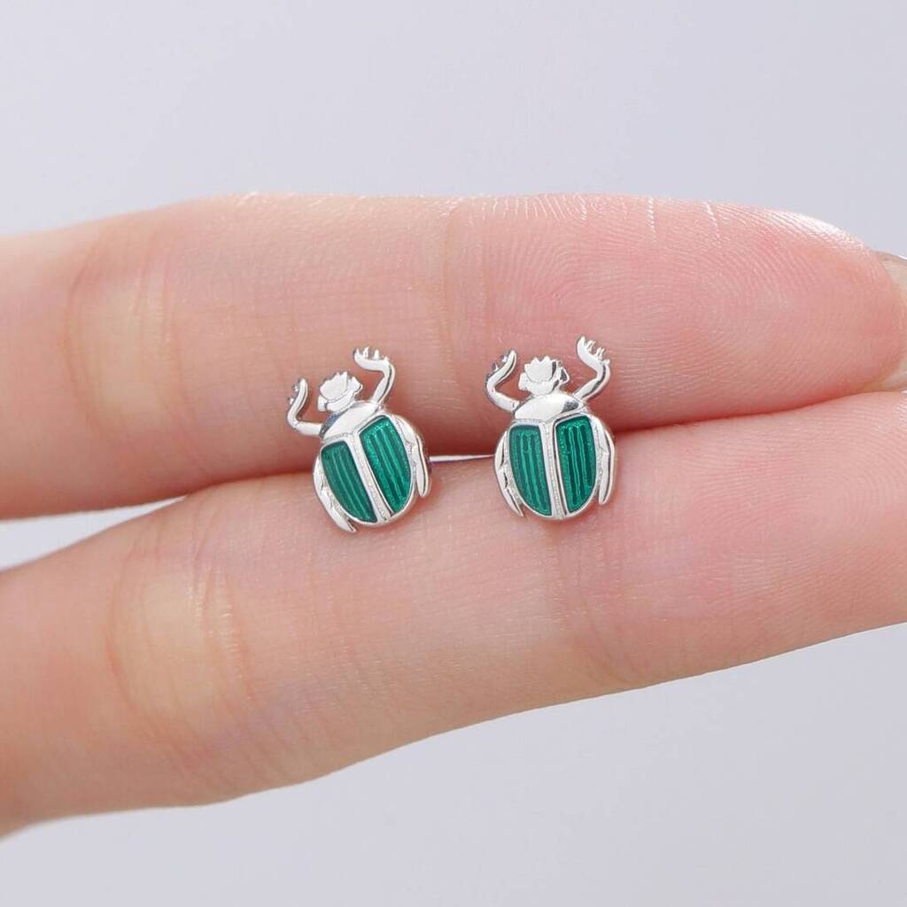 Sterling Silver Tiny Scarab Beetle Stud Earrings With Enamel, 1 of 12
