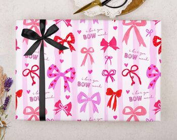 Valentine Wrapping Paper With Ribbon Bow Pun Design, Three Sheet Pack, 2 of 2