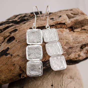 Textured Three Square Sterling Silver Drop Earrings, 3 of 4