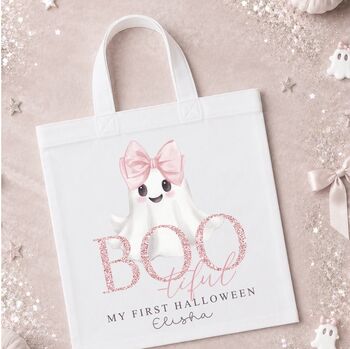 Personalised Boo Tiful Ghost Halloween Outfit, Custom Name Baby Grow, T Shirt Or Trick Or Treat Tote Bag, 3 of 3
