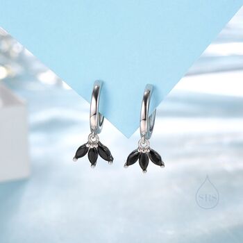 Sterling Silver Black Cz Marquise Crown Huggie Hoop Earrings, 5 of 11