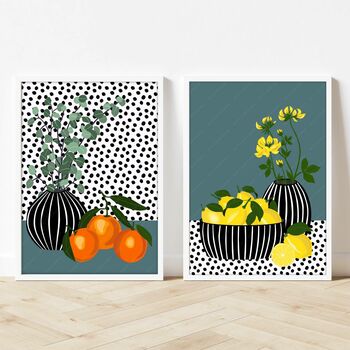 Oranges And Lemons Against A Spotty Background, 2 of 12