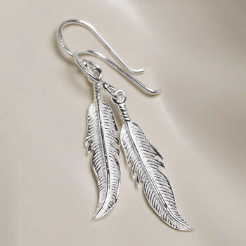 Sterling Silver Dangly Lucky Feather Earrings, 4 of 7