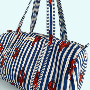 Lobster Print Weekend Duffle Bag In Blue And White Stripe, 3 of 3