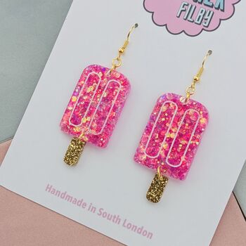 Pink Ice Lolly Glitter Statement Earrings / Summer Treat Jewellery Pink Popsicle Statement / 90s Summer Aesthetic Playful Kitsch Accessory, 4 of 5