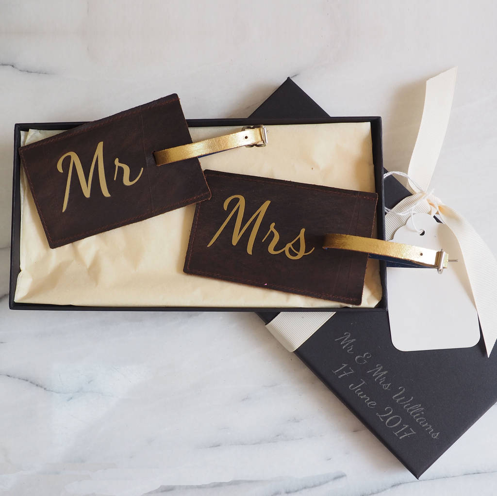 mr and mrs leather luggage tags by stabo