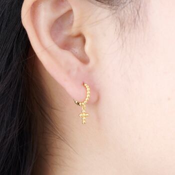 Gold Beaded Cross Hoop Earrings, 2 of 7