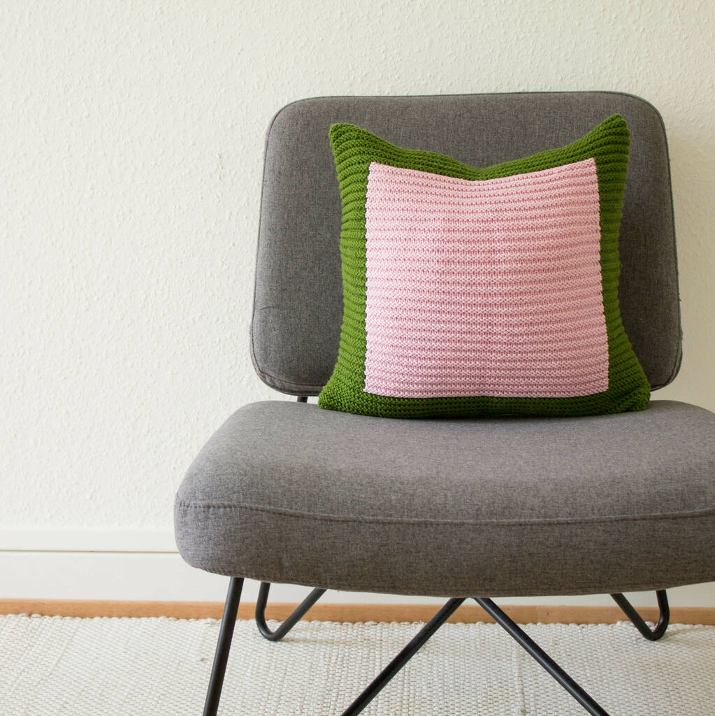 Hand Knit Colour Block Cushion In Emerald And Pink, 1 of 5
