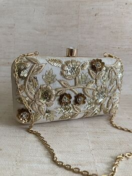 Cream Gold Embroidered Rectangular Clutch Bag, 6 of 10