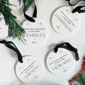 First Christmas As Mr And Mrs Personalised Ceramic Bauble, 6 of 10