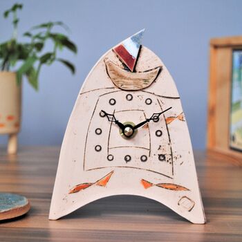 Personalised Small Mantel Clock For Shelf With Boat And Fish, 3 of 5