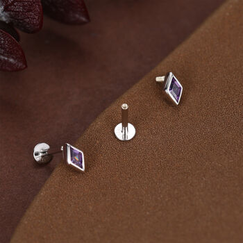 Sterling Silver Amethyst Purple Cz Rhombus 16 G Flat Back Labret Earrings, 5 of 11