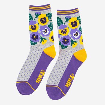 Women's Bamboo Socks Grey Purple Pansy, 3 of 6
