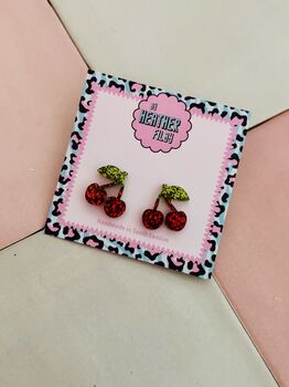 Sweet Cherry Glitter Resin Studs / Rockabilly Jewellery Retro Sparkly Fruit Studs / Gift For Her, 2 of 5