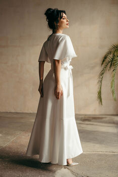 Simple Ivory Satin Wedding Dress With Flutter Sleeves And High Low Skirt, 3 of 7