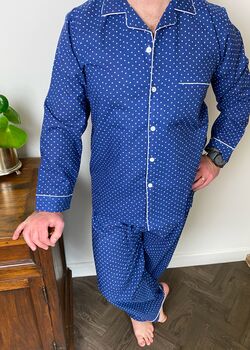 Mens Cotton Pyjamas In Blue And White Spot Print, 2 of 11