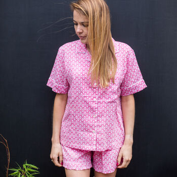 Short Cotton Pj Set In Pink And White Block Print, 5 of 7