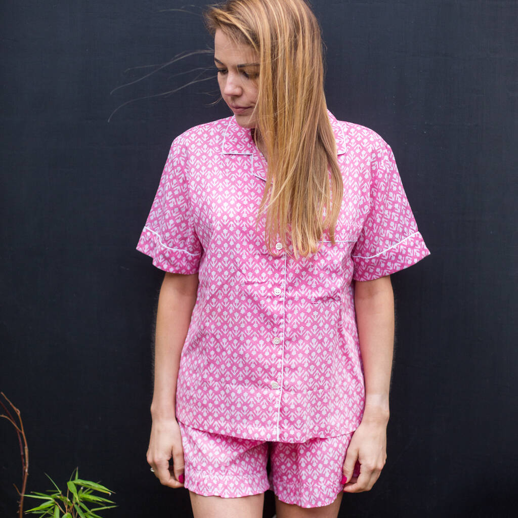 Short Cotton Pj Set In Pink And White Block Print By Happy Cabbage London