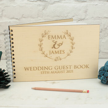 Personalised Wooden Engraved Wreath Wedding Guest Book, 2 of 6