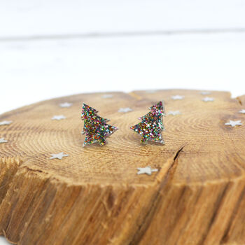 Laser Cut Rainbow Glitter Christmas Tree Earrings Studs, 4 of 9