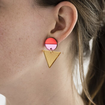 Pink And Red Geometric Triangle Dangle Earrings, 2 of 5