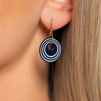 Dark Navy And Pearlescent White Geometric Circular Earrings • Gold Plated Sterling Silver Hooks, 4 of 12