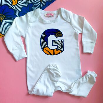 Personalised African Print Letter Baby Sleep Suit, 6 of 6