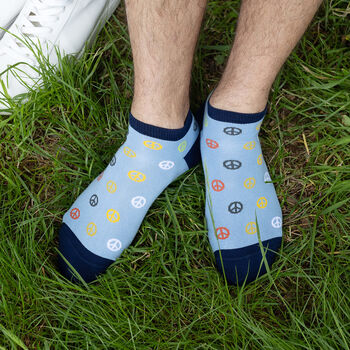 Peace Light Blue And Retro Teal Men's Trainer Socks, 3 of 7