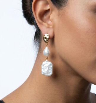 Shinju 18 K Gold Plated Square Pearl Earrings, 5 of 5