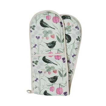 Pale Green Double Oven Gloves With Fruits And Birds, 5 of 7