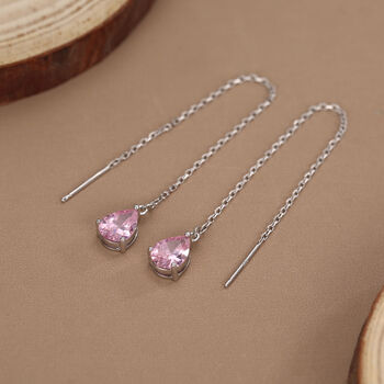 Sterling Silver Tourmaline Pink Cz Droplet Threader Earrings, 7 of 11