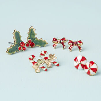 Holly And Peppermint Gold Plated Christmas Earring Set, 6 of 7