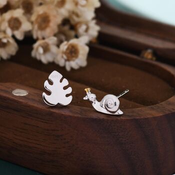 Sterling Silver Mismatched Snail And Monstera Leaf Stud Earrings, 4 of 9