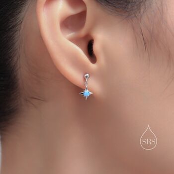 Tiny White Opal Star Dangle Stud Earrings, 2 of 11