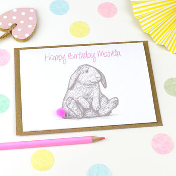 Personalised Girls Rabbit Pompom Birthday Card, 2 of 3