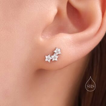 Sterling Silver Asymmetric Forget Me Not Flower Bouquet Cz Stud Earrings, 6 of 12