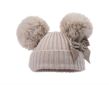 Biscuit Double Pom Pom Baby Hat With Velvet Bow, 4 of 4